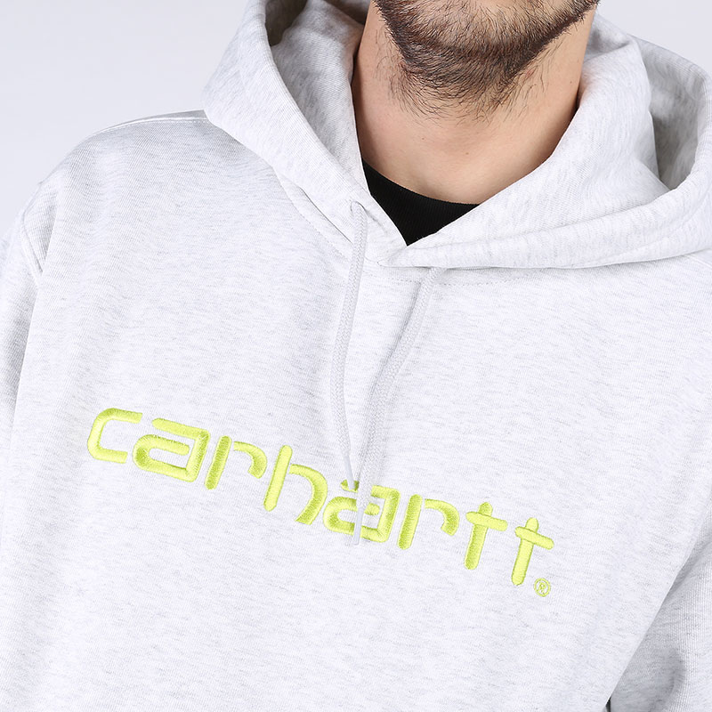 мужская серая толстовка Carhartt WIP Hooded Carhatt Sweat I027093-ashhth/lime - цена, описание, фото 2